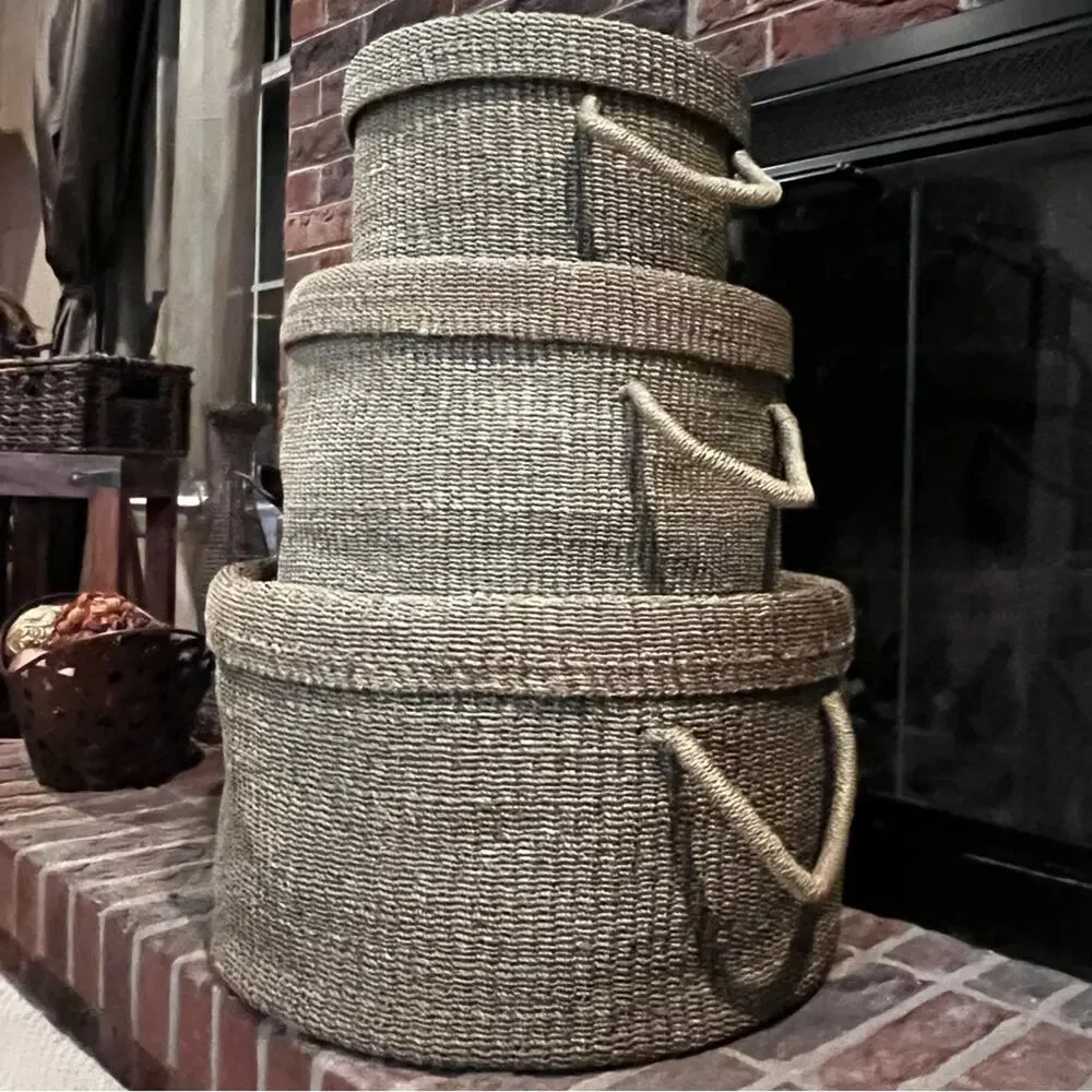 NEW Pottery Barn Round Woven Floor Nesting Storage Baskets Raffia Wicker LG Set